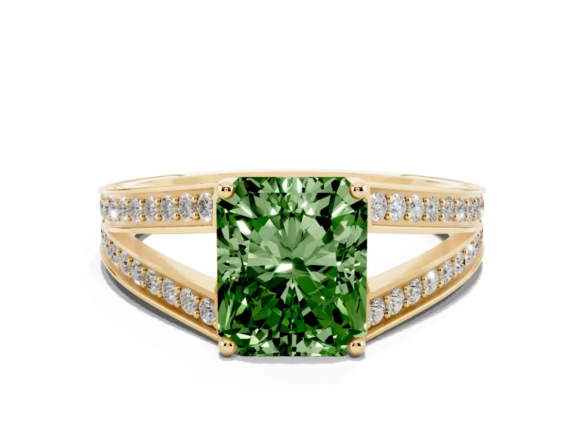 Fancy Green Radiant Cut Diamond Split Shank Ring with Pavé Band and Four-Prong Setting Yellow gold