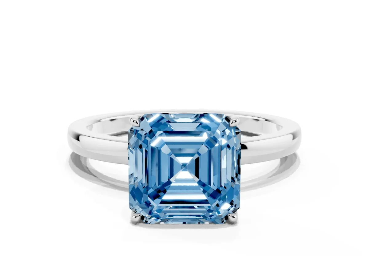 Fancy Blue Asscher Cut Diamond Solitaire Ring with Thin Band and Prong Setting Silver