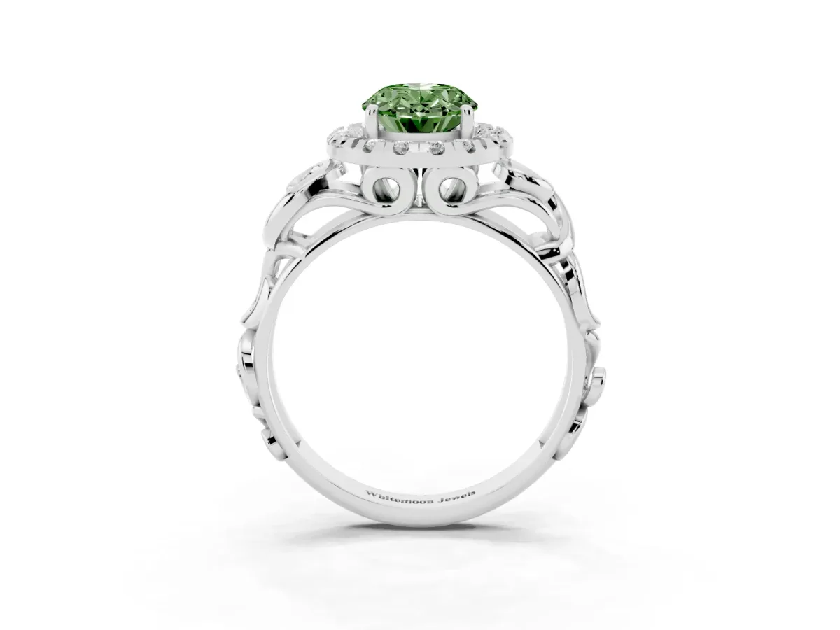 Fancy Green Oval Cut Cut Halo Diamond Ring with Scrollwork Band and Four-Prong Setting Silver