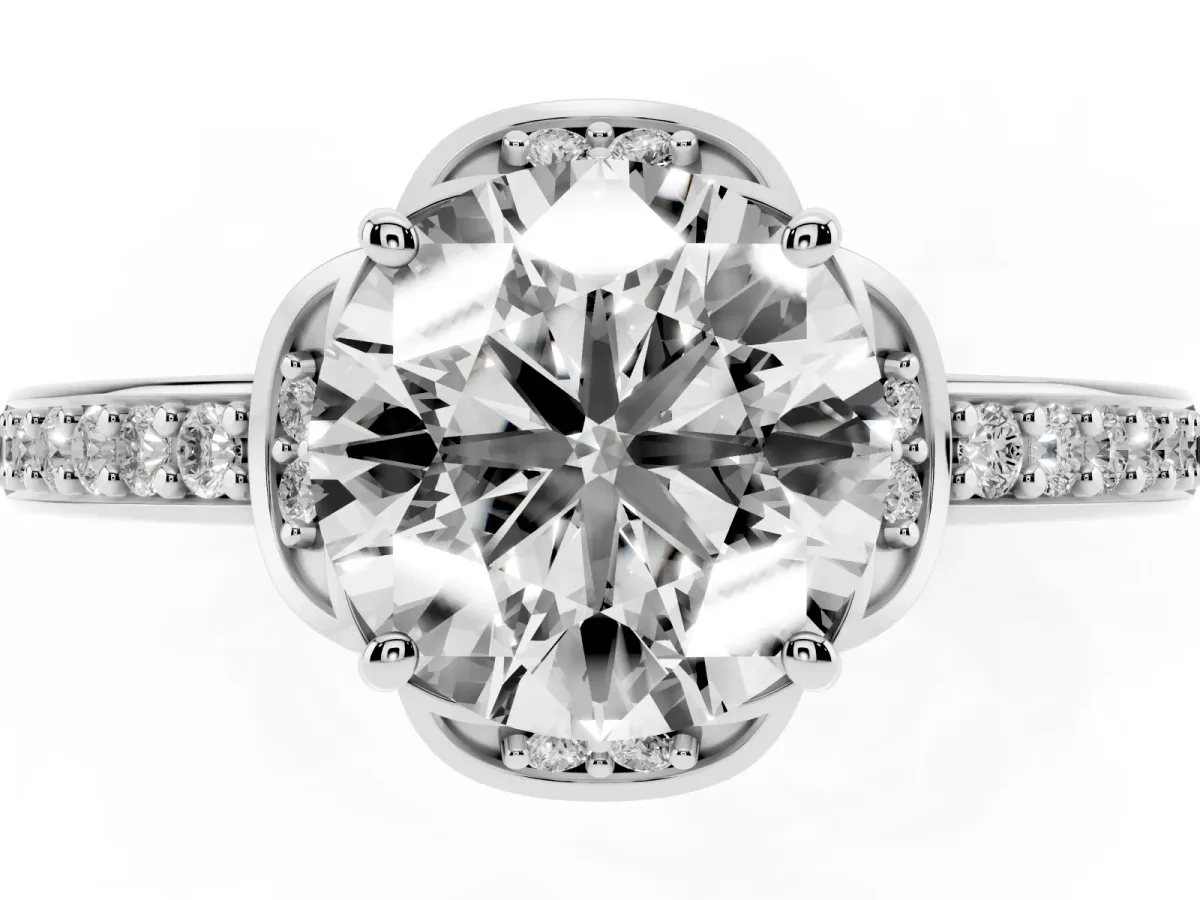 Round Cut Cut Halo Diamond Ring with Channel Set Band and Four-Prong Setting Silver