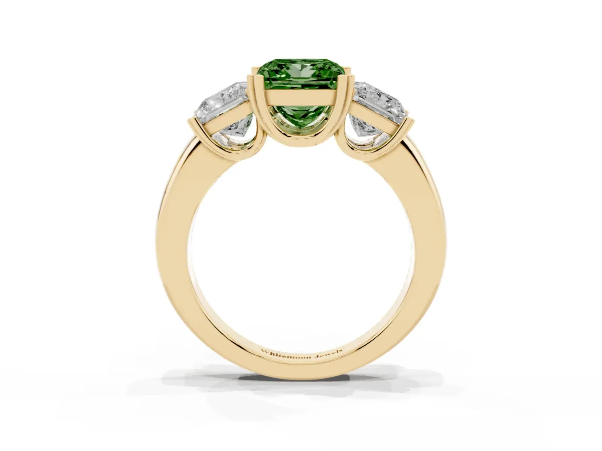 Fancy Green Three-Stone Princess Cut Cut Diamond Ring with Channel Set Band and Four-Prong Setting Yellow gold