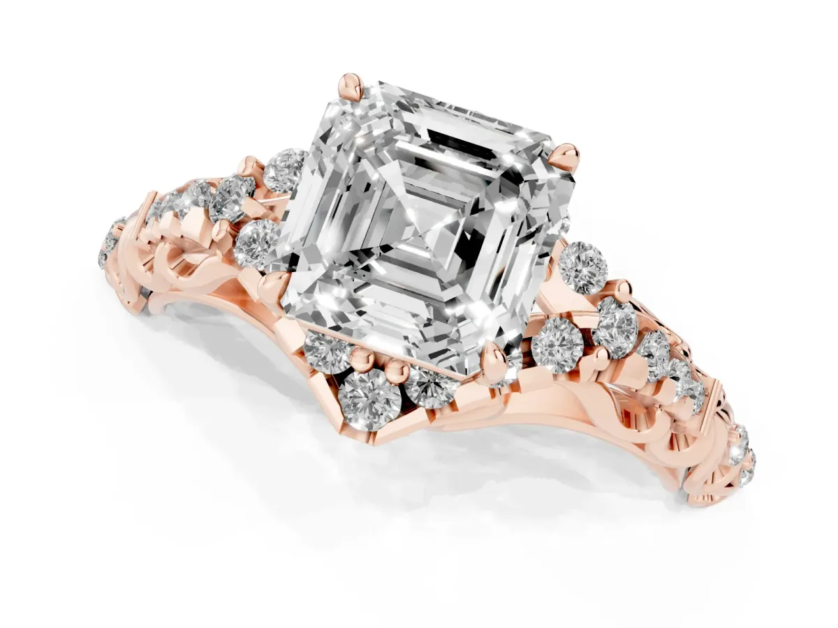 Asscher Cut Diamond Solitaire Ring with Hidden Halo and Pavé Band Rose gold