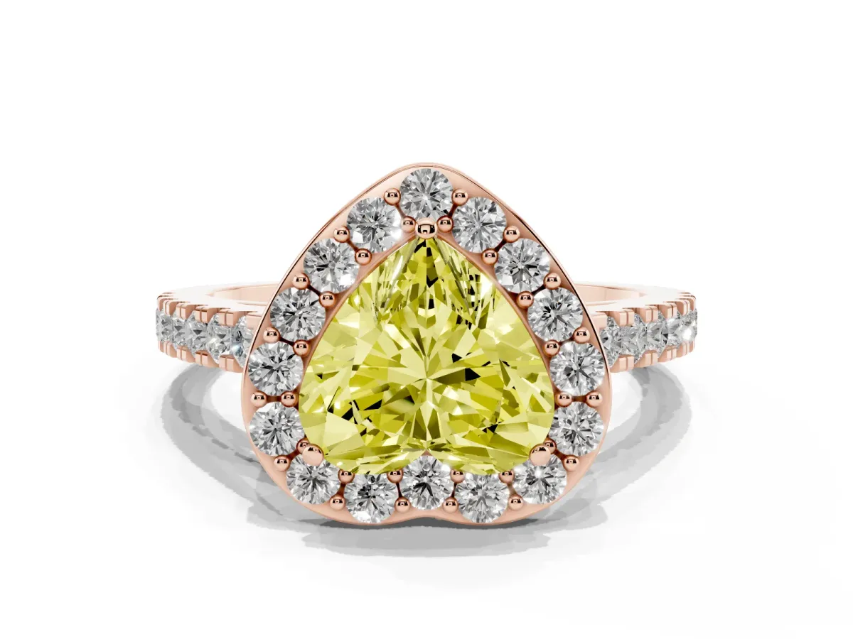 Fancy Yellow Heart Cut Diamond Halo Ring with Round Pavé Split Shank and Prong Setting Rose gold