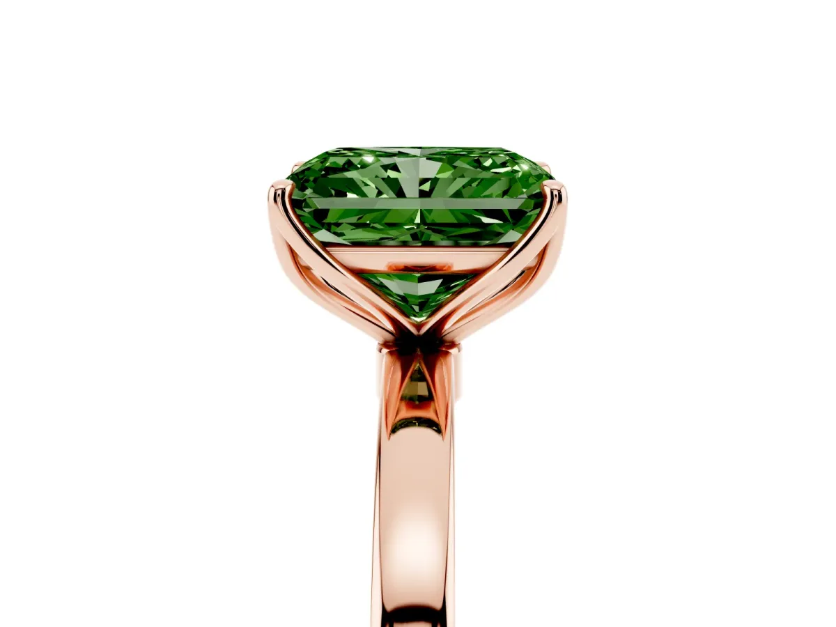 Fancy Green Radiant Cut Diamond Solitaire Ring with Thin Band and Prong Setting Rose gold