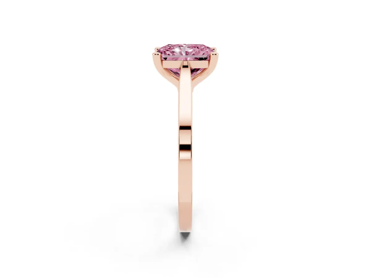 Fancy Pink Radiant Cut Solitaire Diamond Ring with Four-Prong Setting and Tapered Band Rose gold