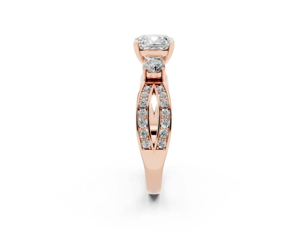 Three-Stone Cushion Cut Cut Diamond Twist Band with Prong Setting Rose gold