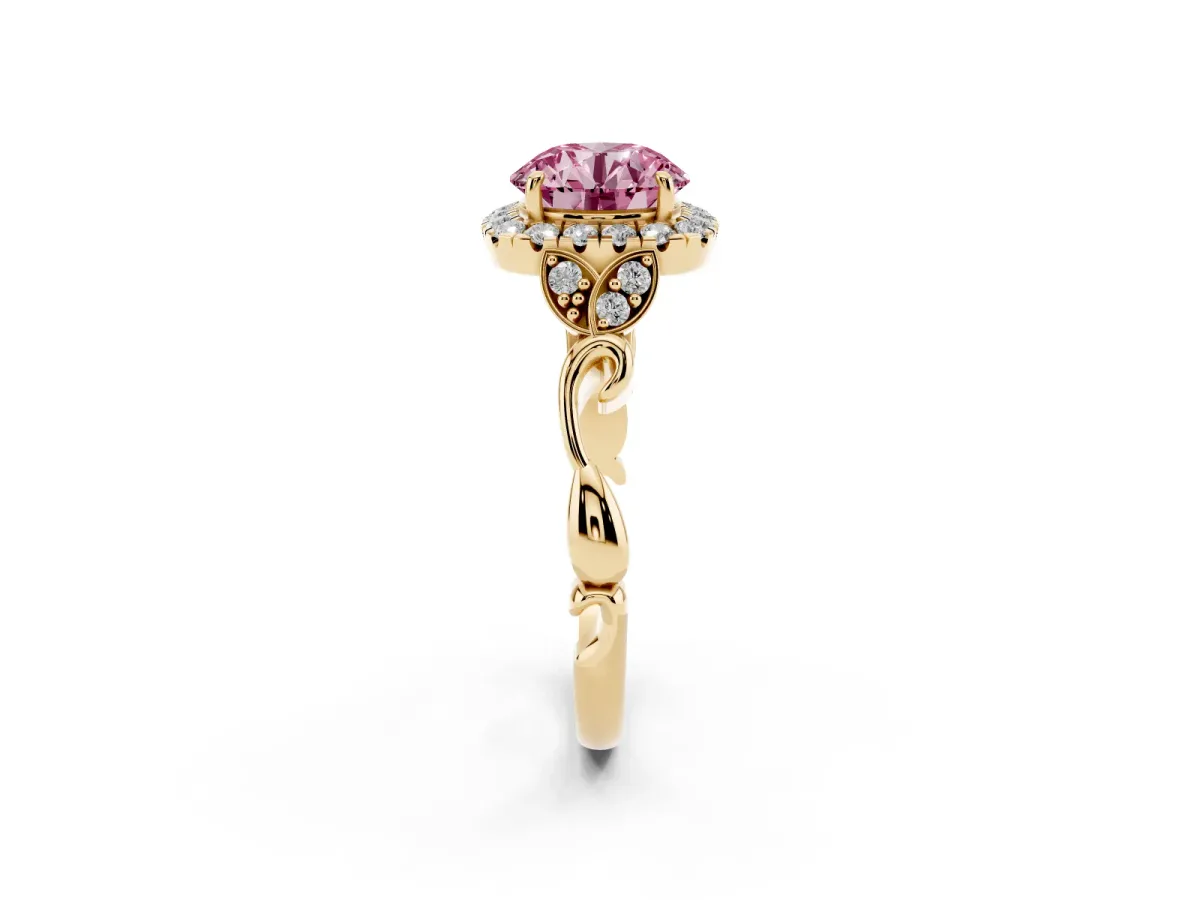 Fancy Pink Round Cut Halo Diamond Engagement Ring with Vintage-Inspired Band and Four-Prong Setting Yellow gold