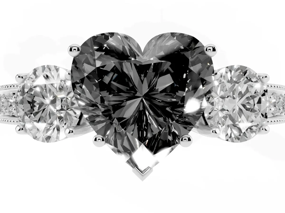 Fancy Black Heart Cut Three-Stone Diamond Ring with Pavé Band and Four-Prong Setting Silver