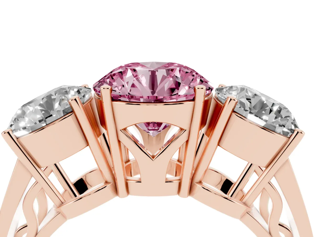 Fancy Pink Round Cut Diamond Three-Stone Ring with Prong Setting and Textured Band Rose gold