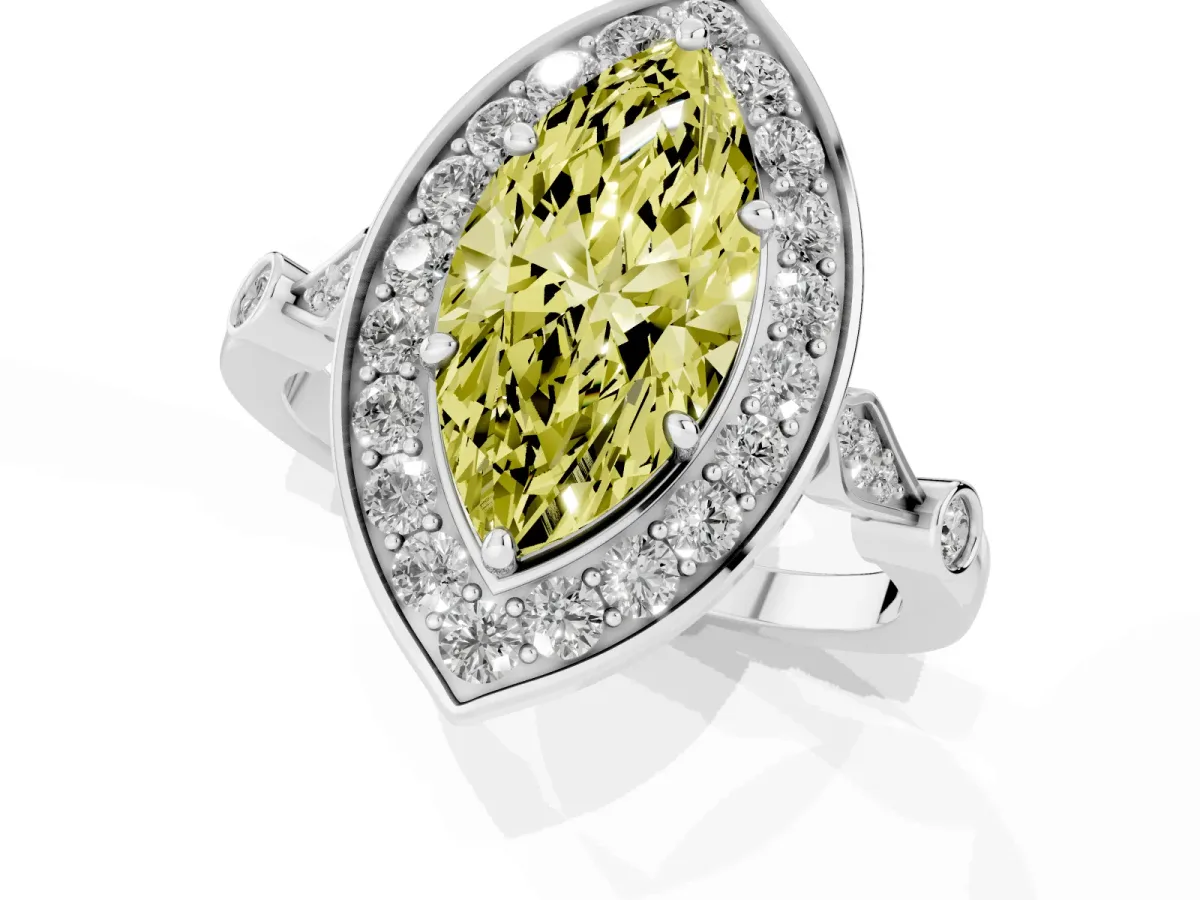 Fancy Yellow Marquise Cut Halo Diamond Engagement Ring with Twisted Band and Four-Prong Setting Silver