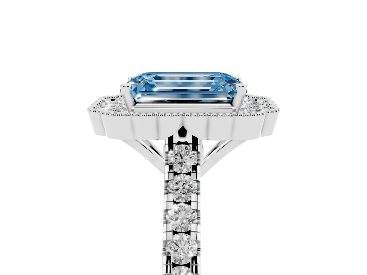 Fancy Blue Emerald Cut Cut Diamond Milgrain Floral Halo Engagement Ring with Pavé Band Silver
