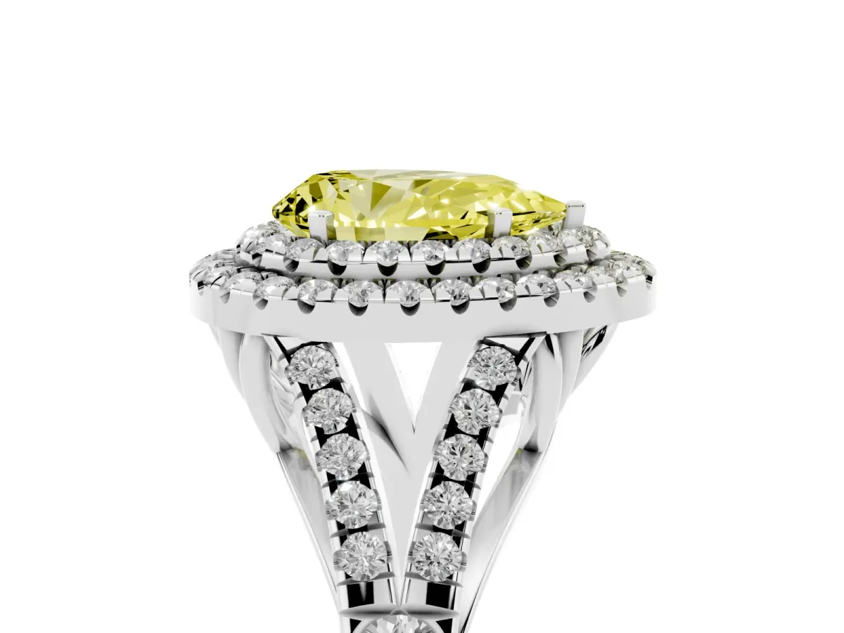 Fancy Yellow Pear Cut Cut Double Halo Split Shank Diamond Ring with Prong Setting Silver