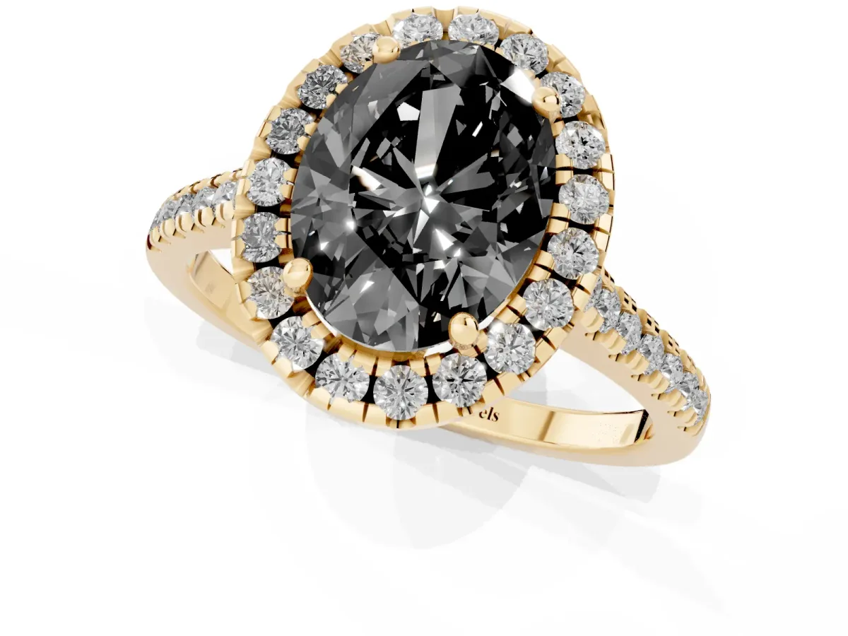 Fancy Black Oval Cut Diamond Cushion Halo Ring with Pavé Band Yellow gold