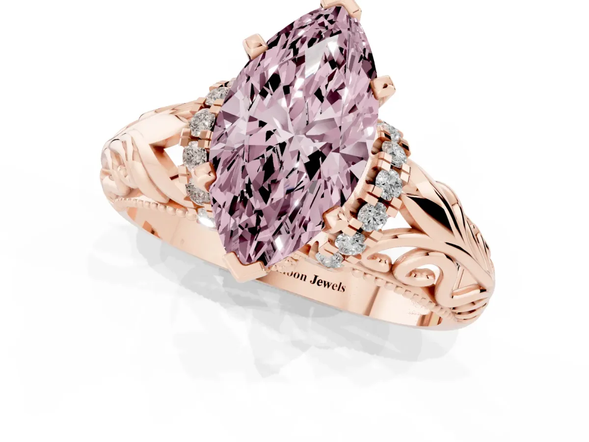 Fancy Pink Marquise Cut Solitaire Filigree Engagement Ring with Halo and Prong Setting Rose gold