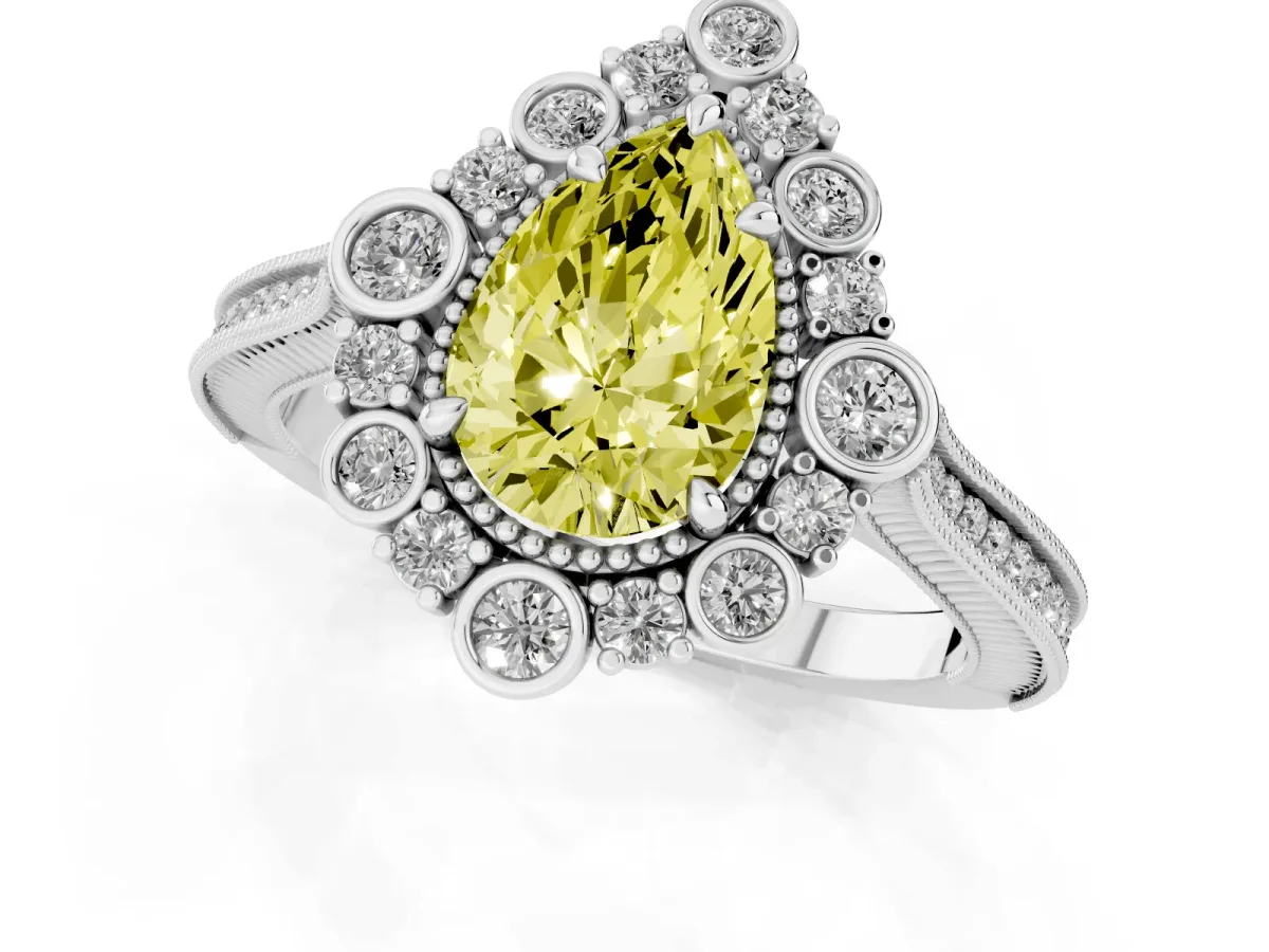 Fancy Yellow Pear Cut Halo Milgrain Pave Diamond Ring with Four-Prong Setting Silver