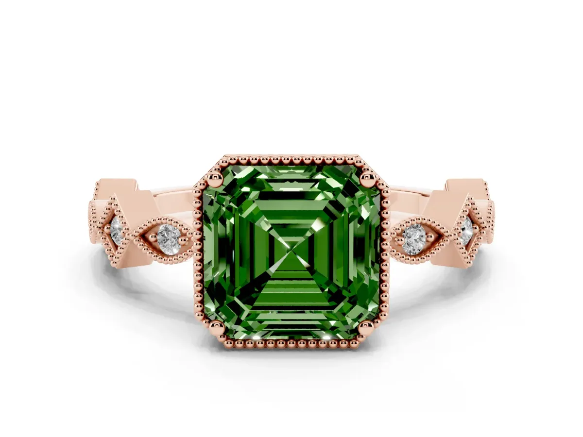 Fancy Green Asscher Cut Milgrain Marquise Diamond Twist Band Ring Rose gold
