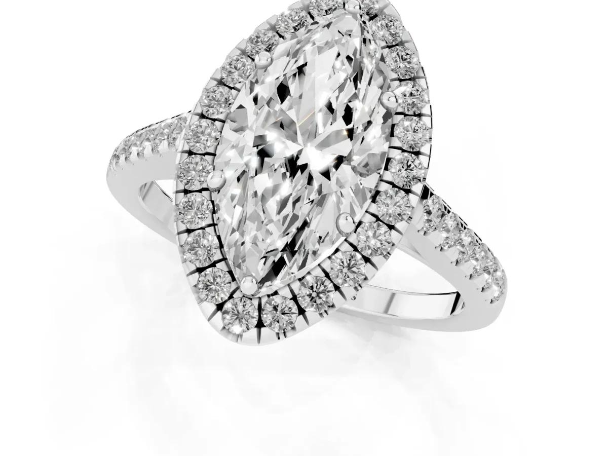 Marquise Cut Halo Pave Diamond Engagement Ring with Four-Prong Setting Silver