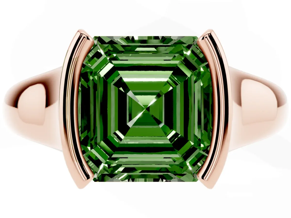 Fancy Green Asscher Cut Solitaire Tension Set Diamond Ring with Split Shank Band Rose gold