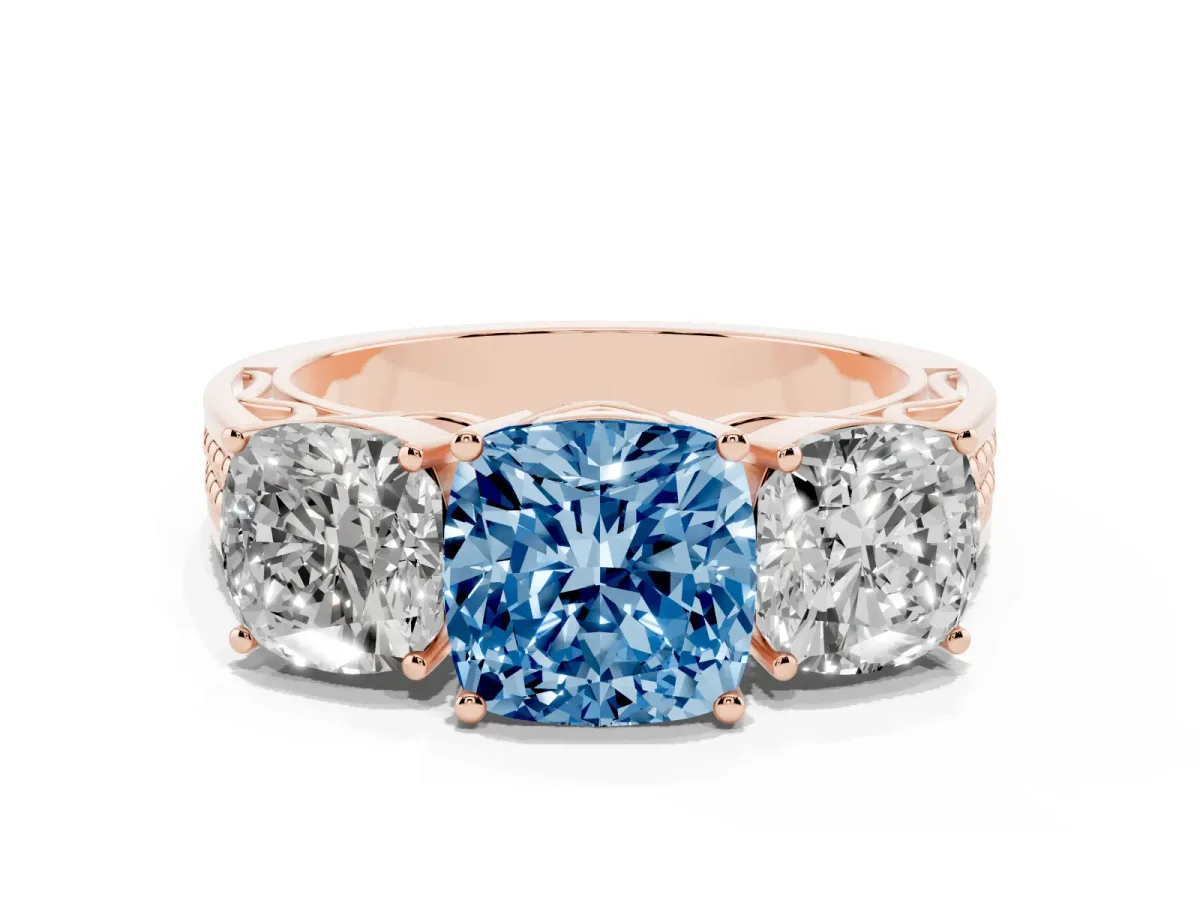 Fancy Blue Cushion Cut Diamond Three-Stone Ring with Prong Setting and Textured Band Rose gold
