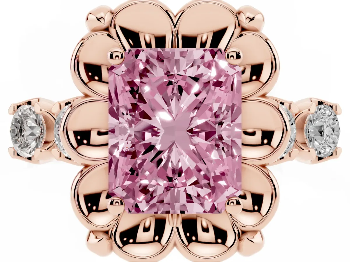 Fancy Pink Radiant Cut Cut Diamond Floral Halo Engagement Ring with Shared Prong Setting Rose gold