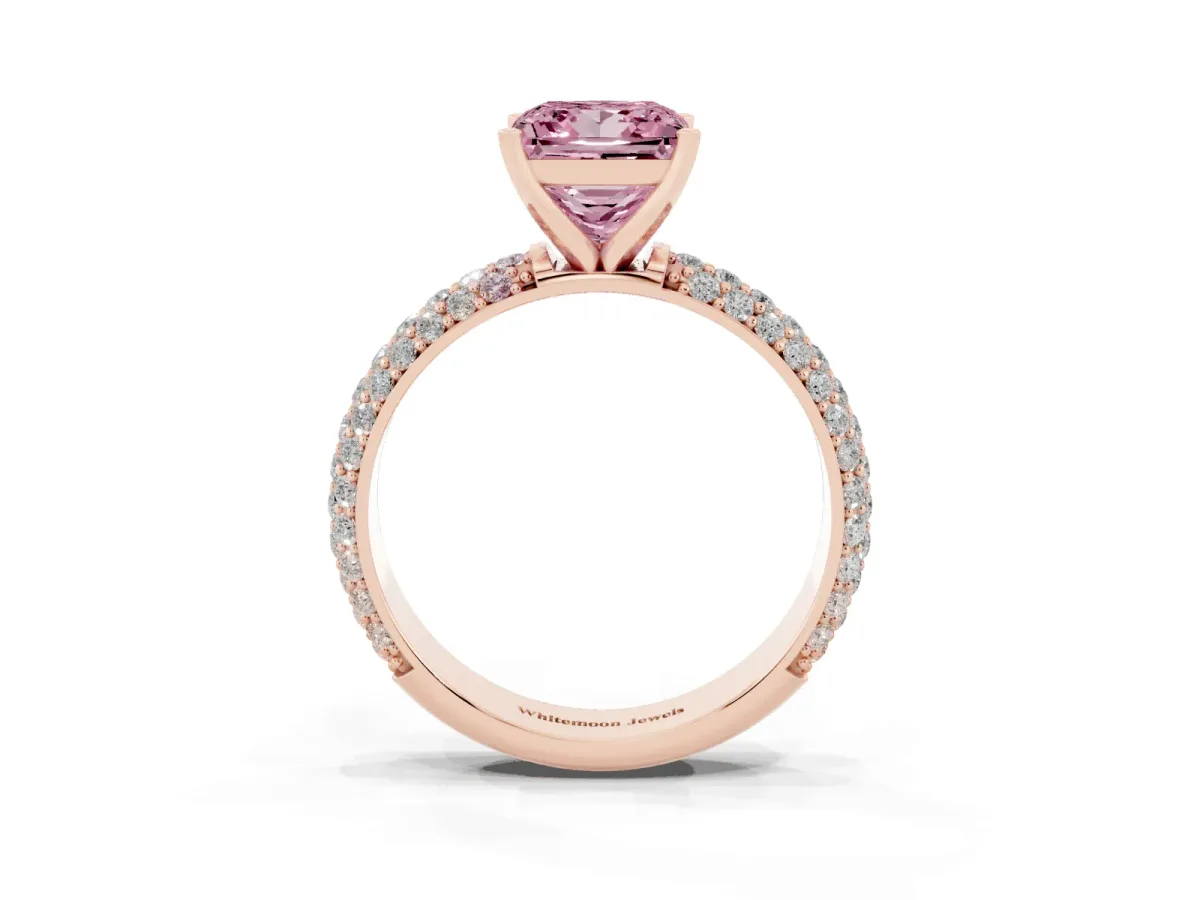 Fancy Pink Princess Cut Diamond Solitaire Ring with Prong Setting and Pavé Band Rose gold