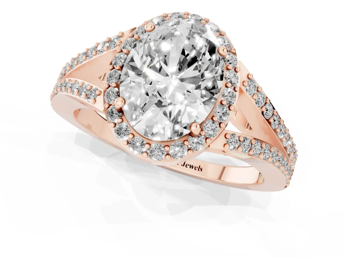 Oval Cut Halo Split Shank Pave Diamond Ring with Four-Prong Setting Rose gold