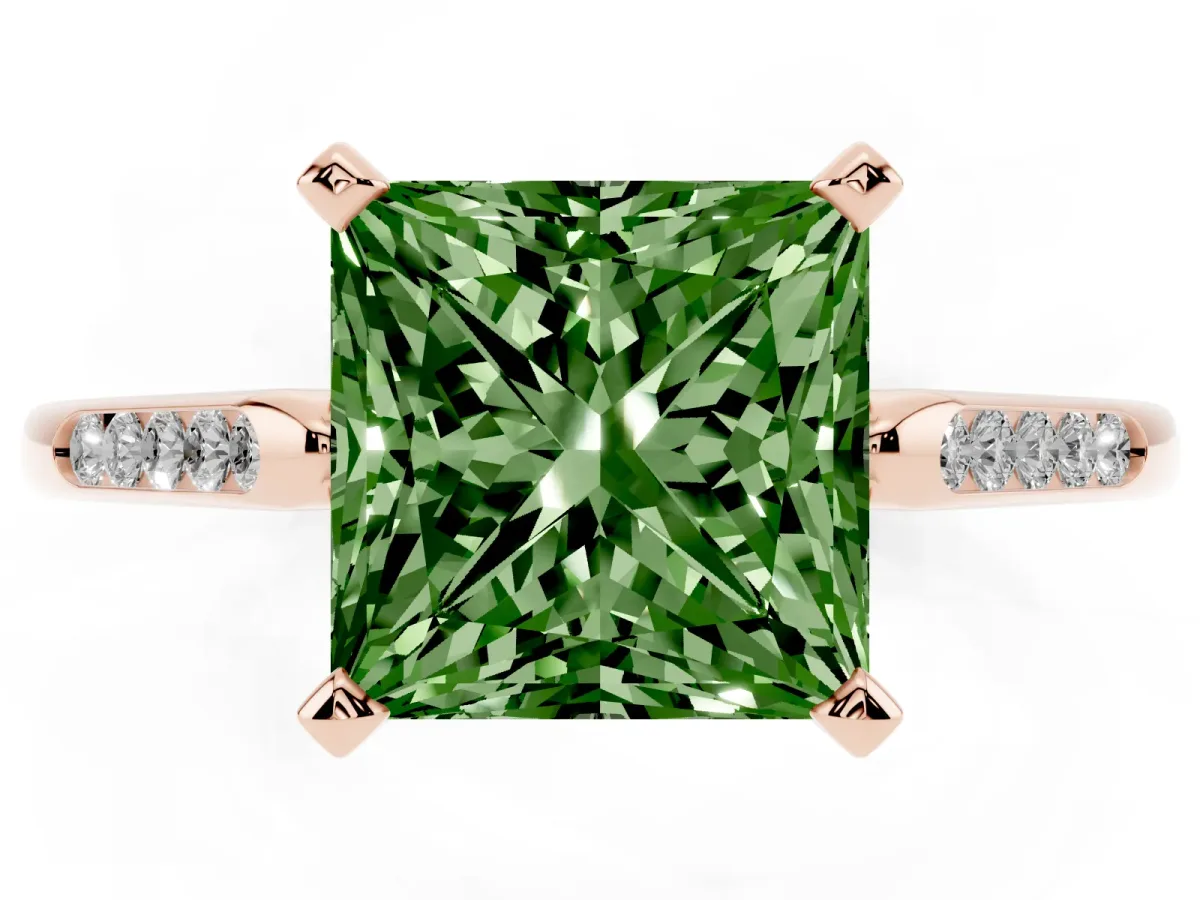 Fancy Green Princess Cut Diamond Solitaire Ring with Channel Set Round Band and Prong Setting Rose gold