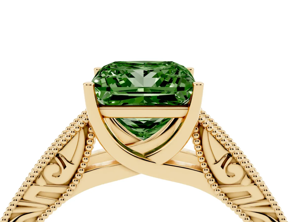 Fancy Green Princess Cut Diamond Solitaire Ring with Engraved Band and Four-Prong Setting Yellow gold