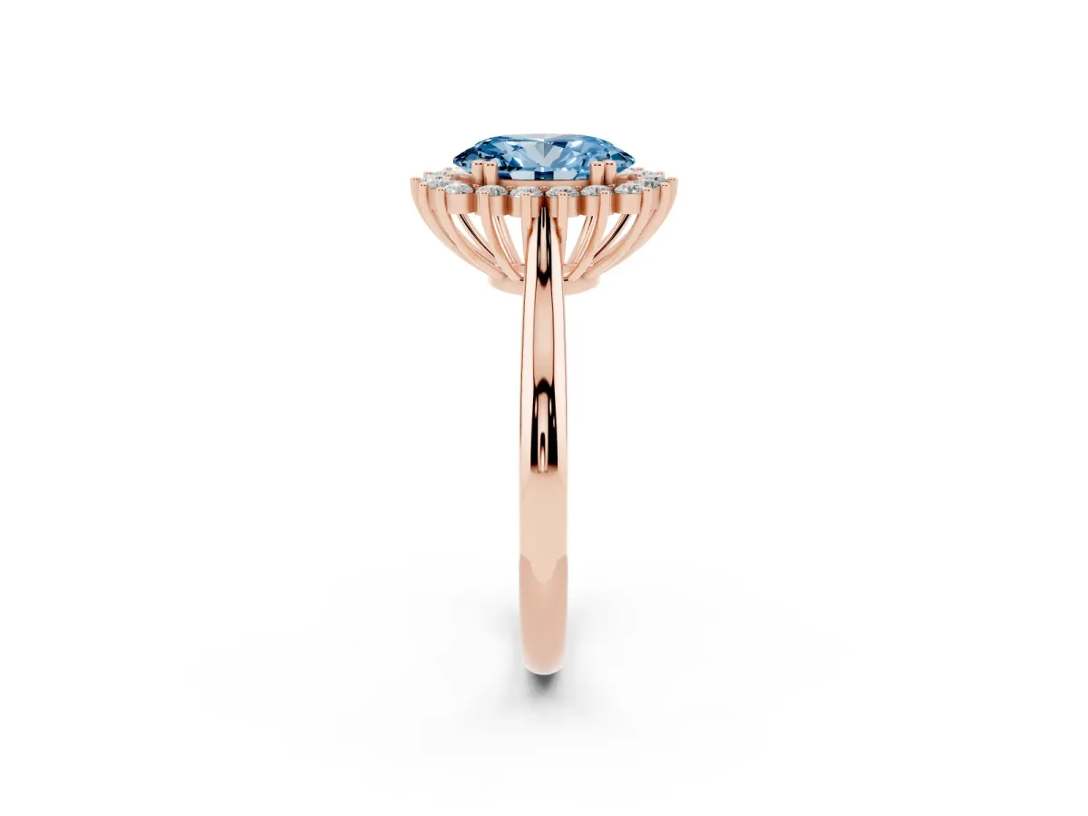 Fancy Blue Oval Cut Cut Diamond Halo Ring with Solitaire Band and Prong Setting Rose gold