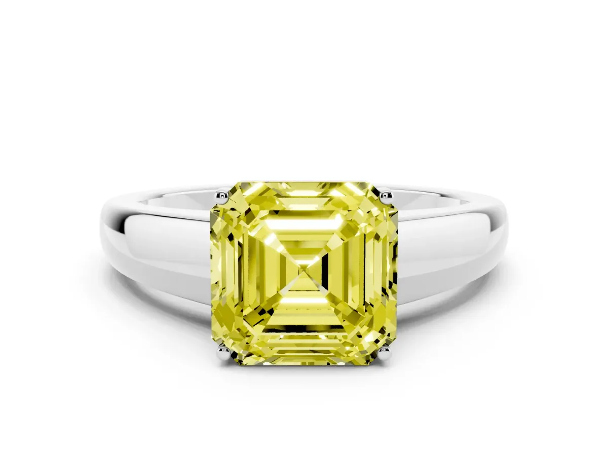 Fancy Yellow Asscher Cut Solitaire Diamond Ring with Tapered Band and Four-Prong Setting Silver