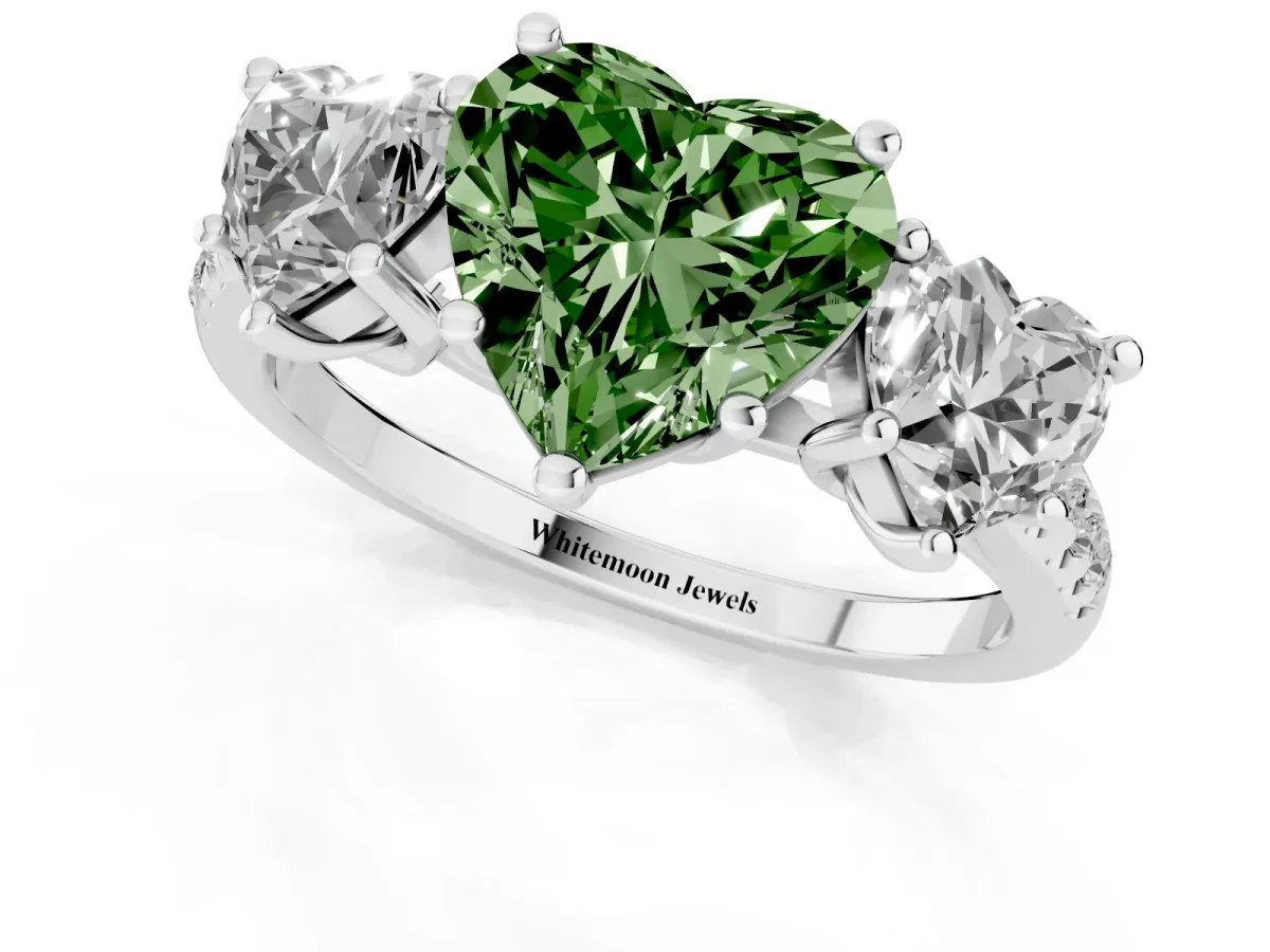 Fancy Green Three-Stone Heart Cut Diamond Ring with Round Pavé Band and Prong Setting Silver