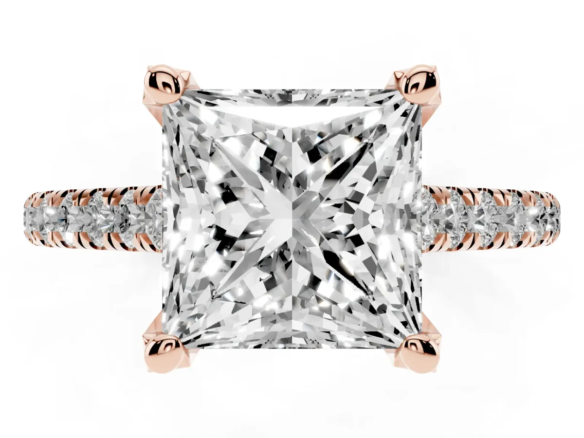 Princess Cut Brilliant Diamond Solitaire with Pavé Band and Four-Prong Setting Rose gold