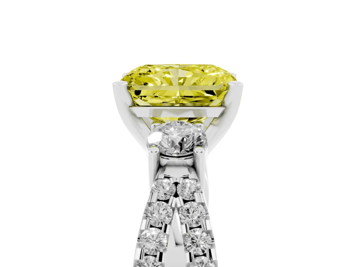 Fancy Yellow Radiant Cut Diamond Three-Stone Ring with Pavé Split Shank and Four-Prong Setting Silver