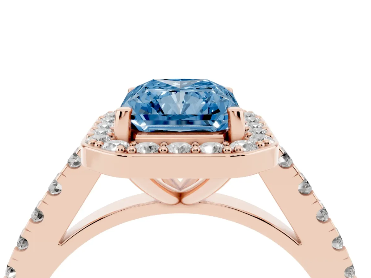 Fancy Blue Radiant Cut Diamond Halo Ring with Round Pavé Split Shank and Prong Setting Rose gold