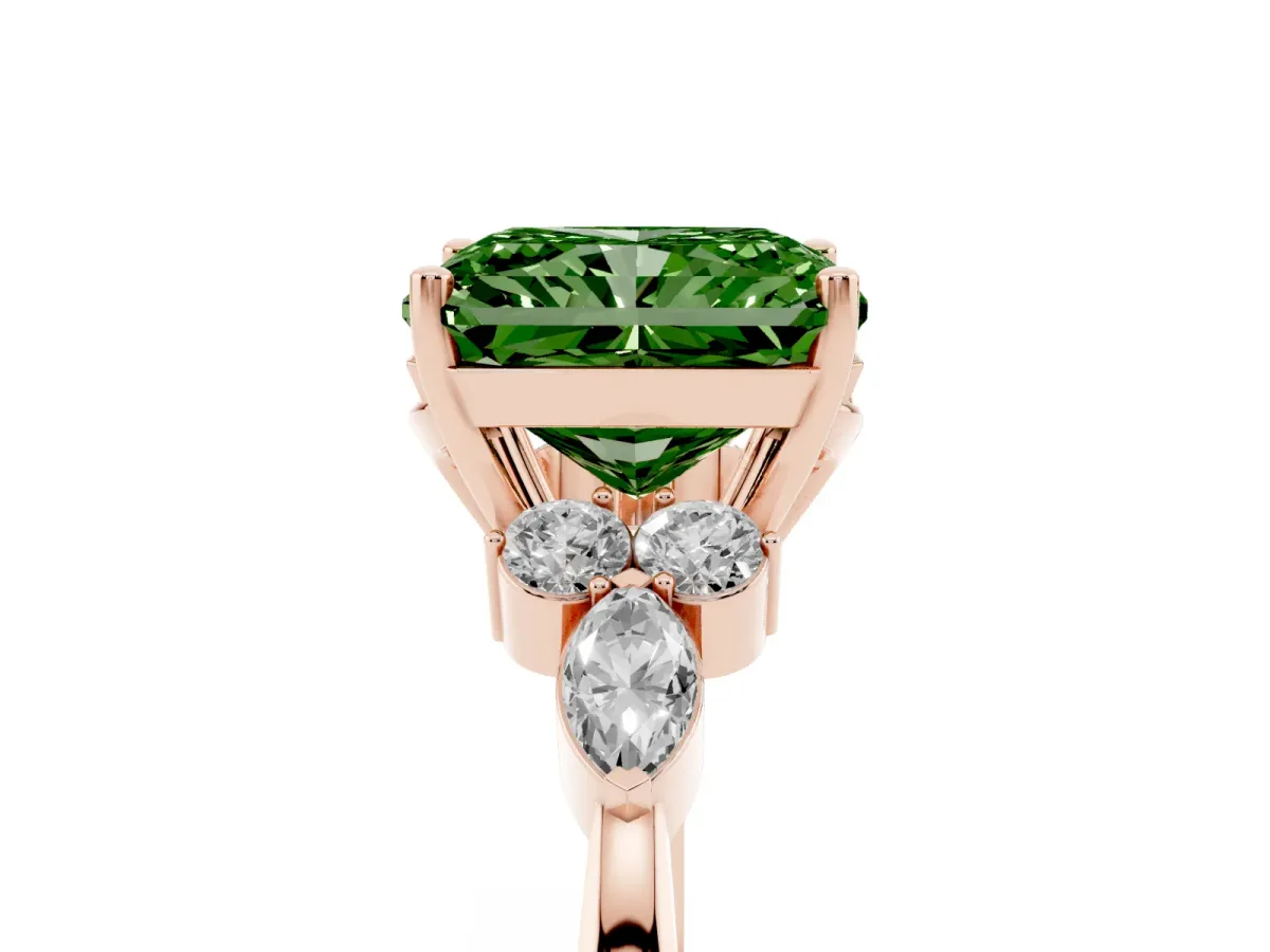 Fancy Green Radiant Cut Brilliant Diamond Solitaire Ring with Pear Side Stones and Four-Prong Setting Rose gold