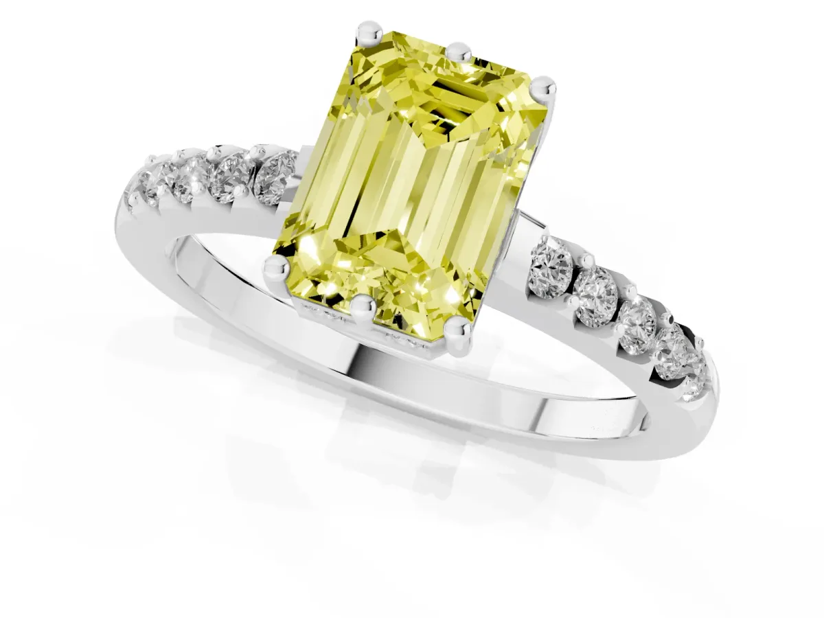 Fancy Yellow Emerald Cut Solitaire Diamond Engagement Ring with Pavé Band and Six-Prong Setting Silver