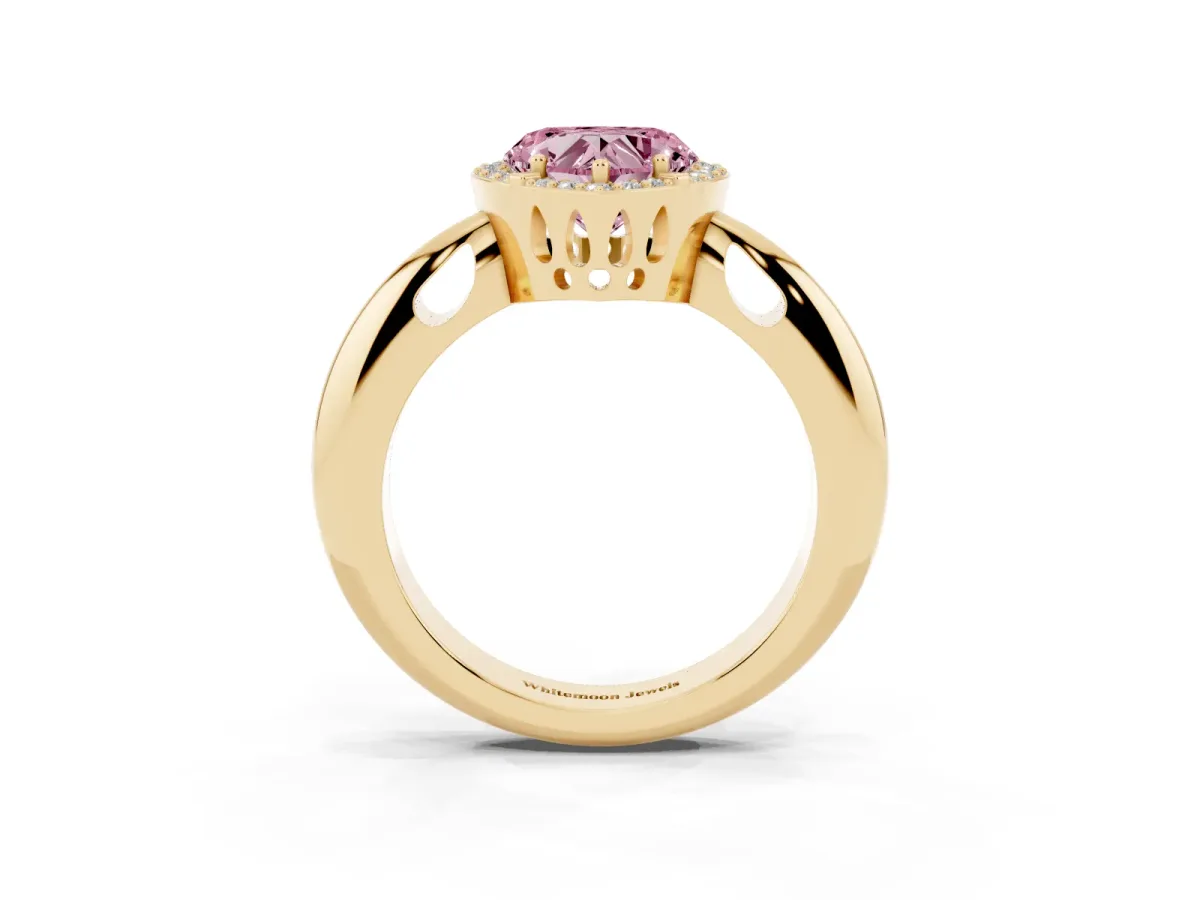 Fancy Pink Heart Cut Cut Diamond Halo Engagement Ring with Split Shank and Four-Prong Setting Yellow gold