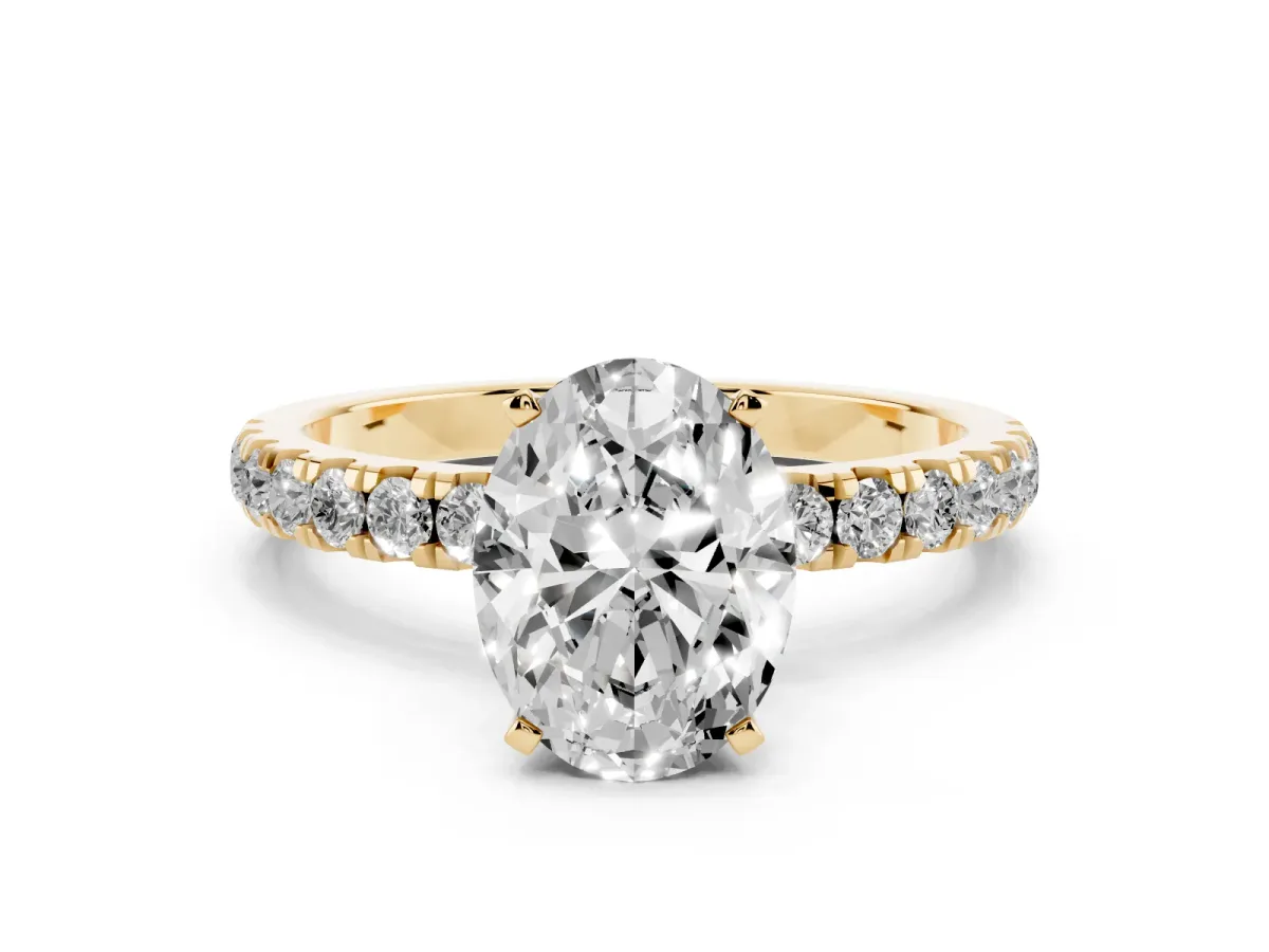 Oval Cut Diamond Solitaire Ring with Pavé Accents and Four-Prong Setting Yellow gold