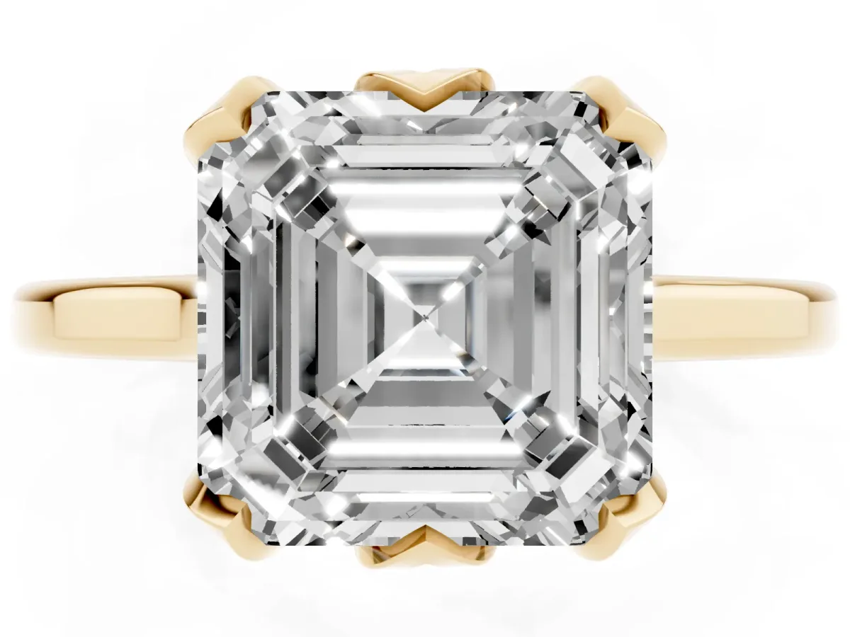 Asscher Cut Diamond Solitaire Ring with Flower Prong Setting and Classic Band Yellow gold