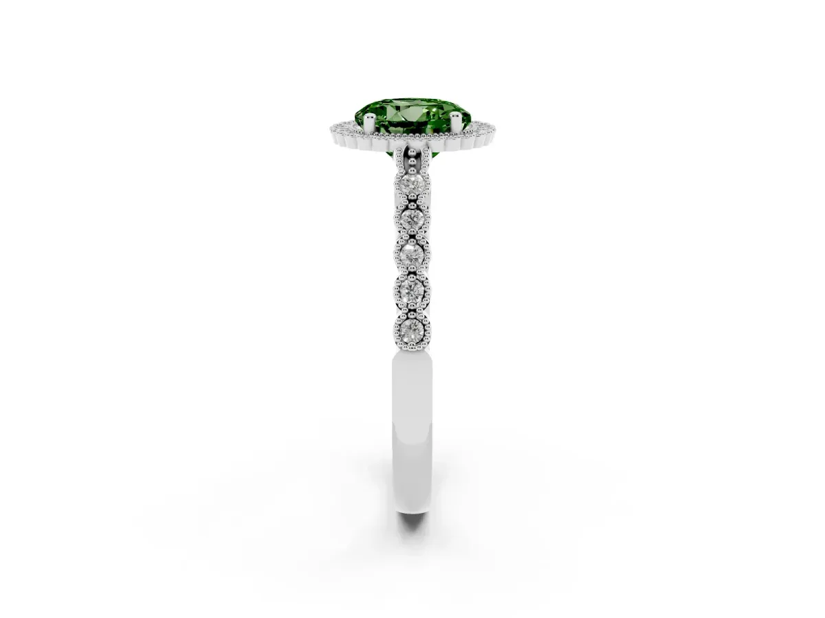 Fancy Green Round Cut Cut Halo Pavé Solitaire Ring with Milgrain Band Silver