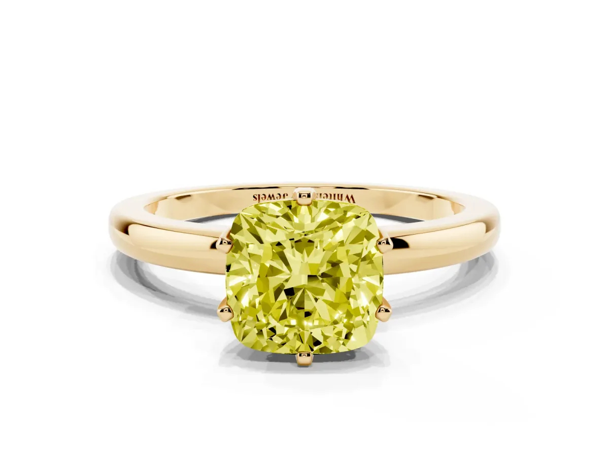 Fancy Yellow Cushion Cut Solitaire Diamond Ring with Six-Prong Setting on a Classic Band Yellow gold