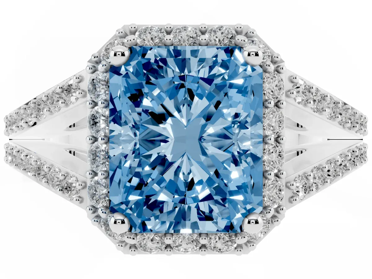 Fancy Blue Radiant Cut Halo Split Shank Diamond Ring with Prong Setting Silver