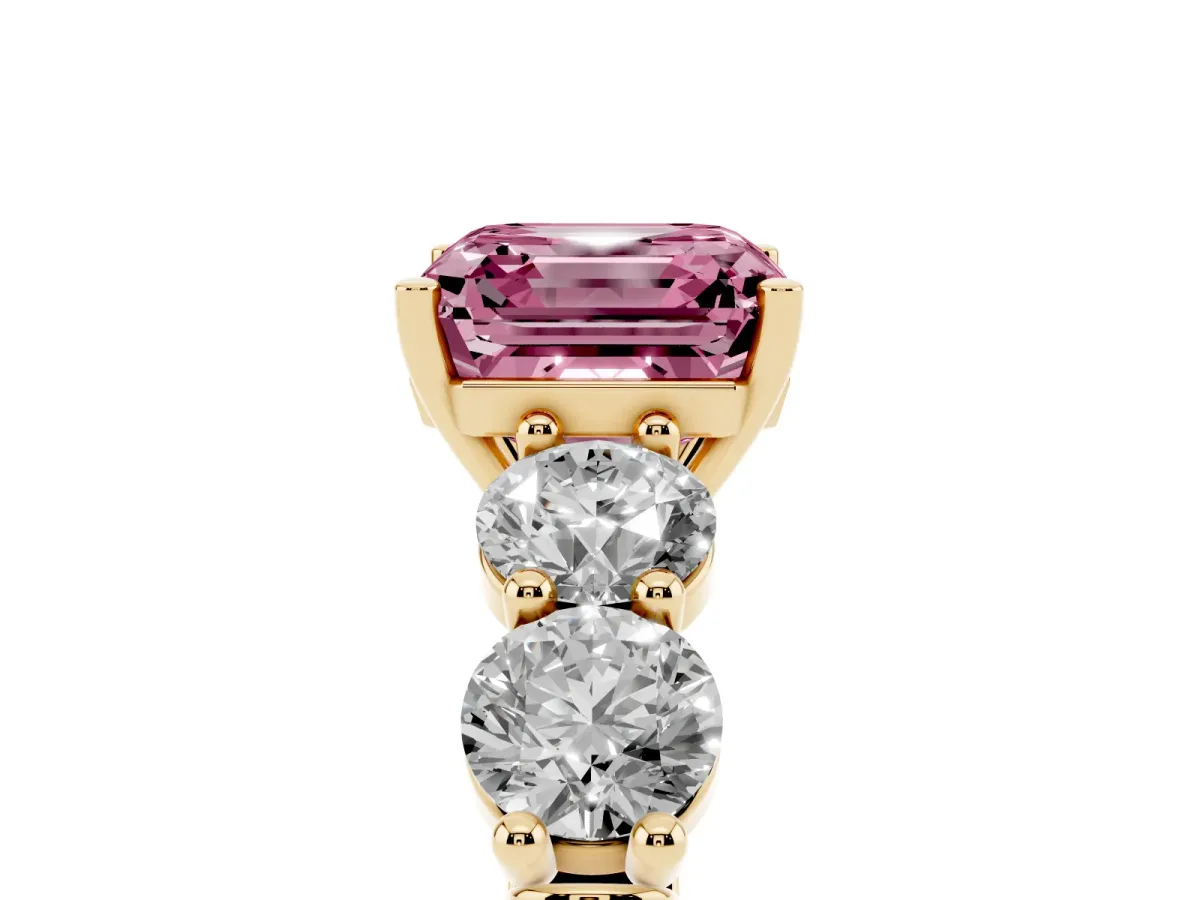 Fancy Pink Asscher Cut Cut Five-Stone Prong Set Diamond Ring with Classic Band Yellow gold
