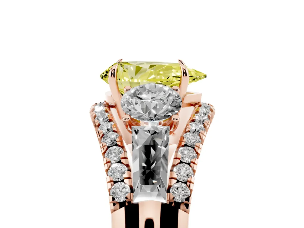 Fancy Yellow Three-Stone Pear Cut Diamond Engagement Ring with Pave Band and Prong Setting Rose gold
