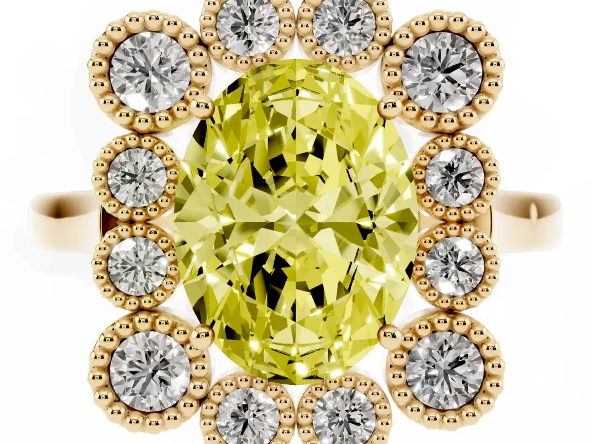 Fancy Yellow Oval Cut Halo Diamond Cluster Engagement Ring with Milgrain Bezel Setting and Solitaire Band Yellow gold