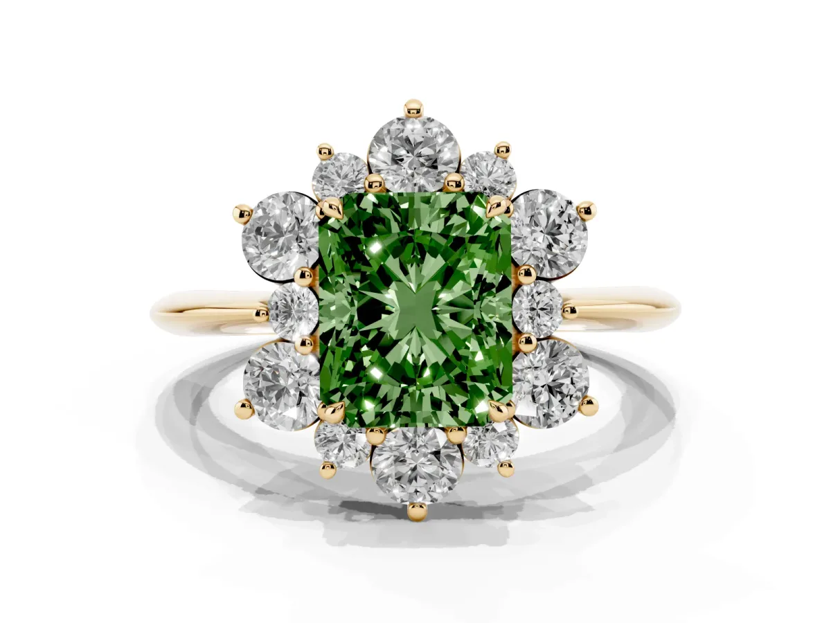 Fancy Green Radiant Cut Diamond Cluster Halo Ring with Solitaire Band and Four-Prong Setting Yellow gold