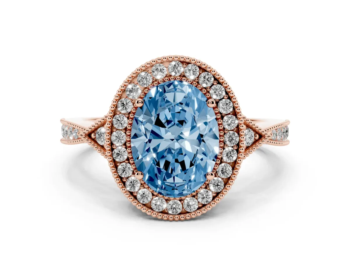 Fancy Blue Oval Cut Halo Round Diamond Milgrain Pave Engagement Ring Rose gold