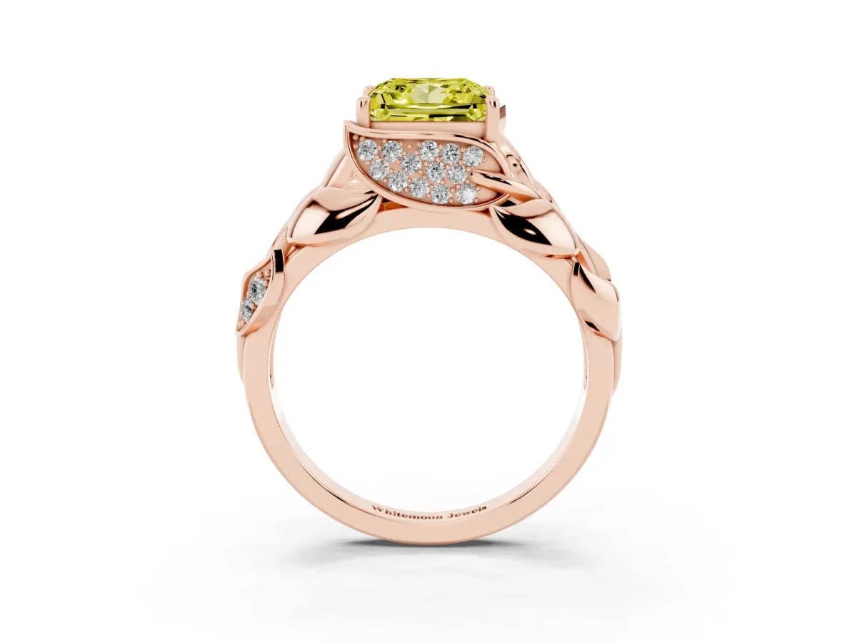 Fancy Yellow Princess Cut Diamond Leaf-Inspired Engagement Ring with Round Accents and Prong Setting Rose gold
