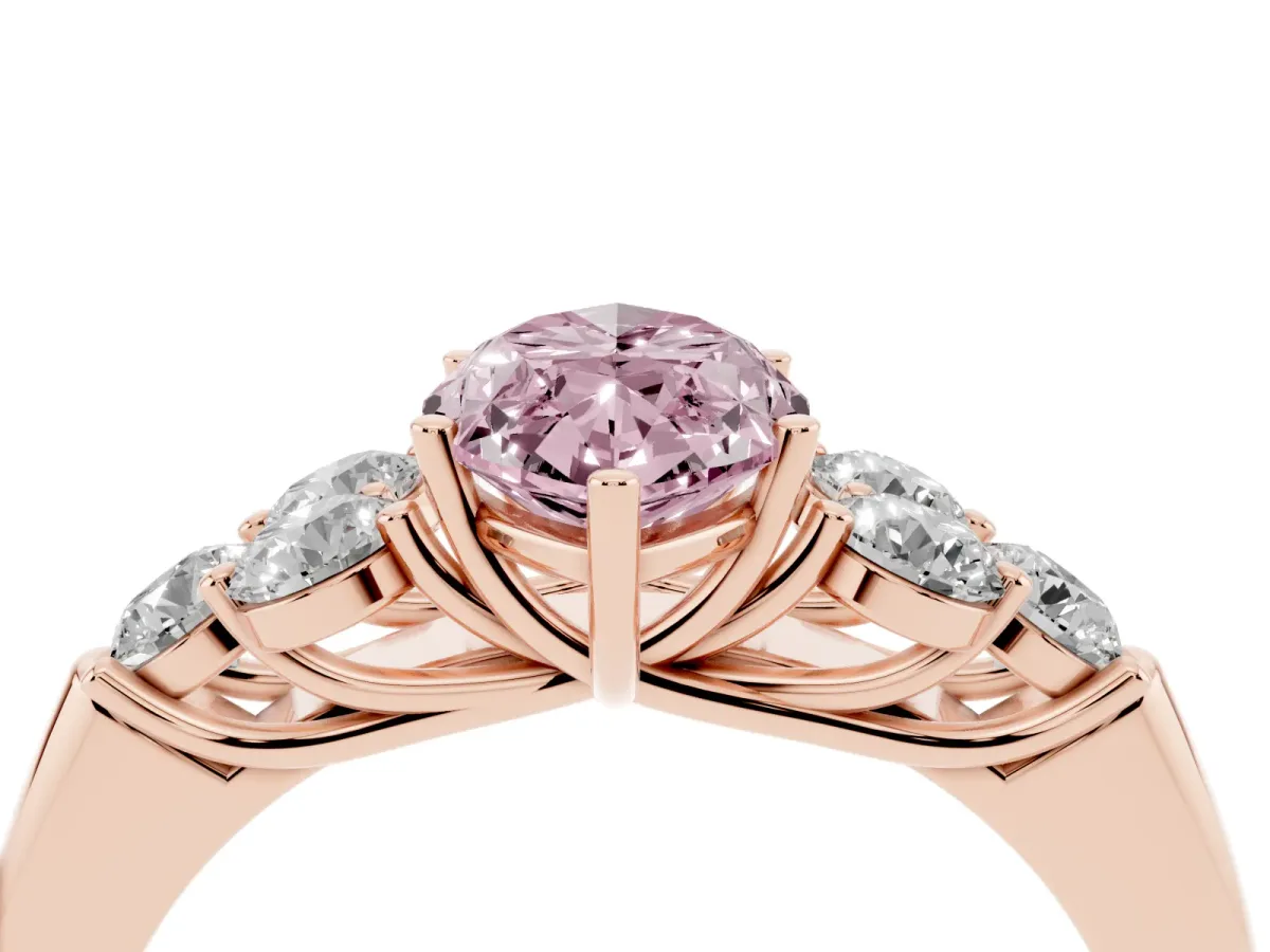 Fancy Pink Marquise Cut Cut Diamond Cluster Ring with Round Accent Stones and Prong Setting on a Classic Band Rose gold
