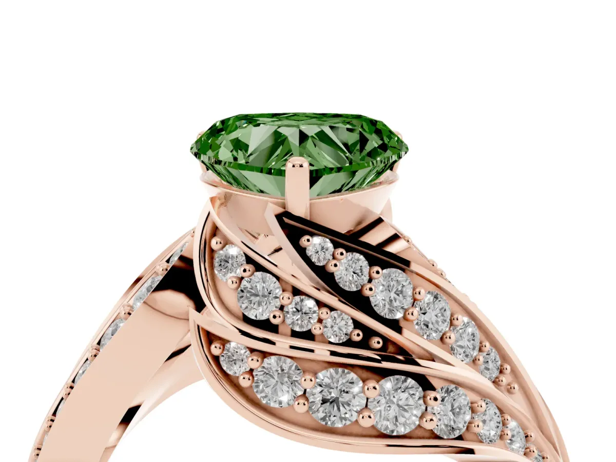 Fancy Green Heart Cut Diamond Solitaire Ring with Prong Setting and Twisted Pavé Band Rose gold